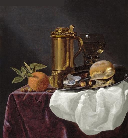 simon luttichuys Bread and an Orange resting on a Draped Ledge